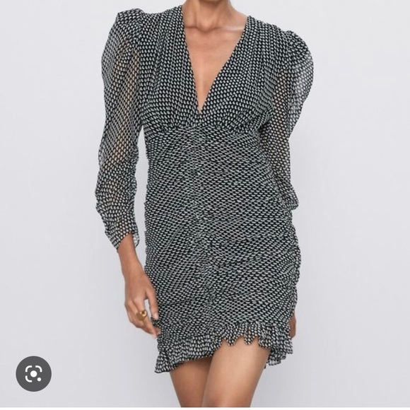 Zara Draped ruched mini dress with puff sleeve - Picture 2 of 6